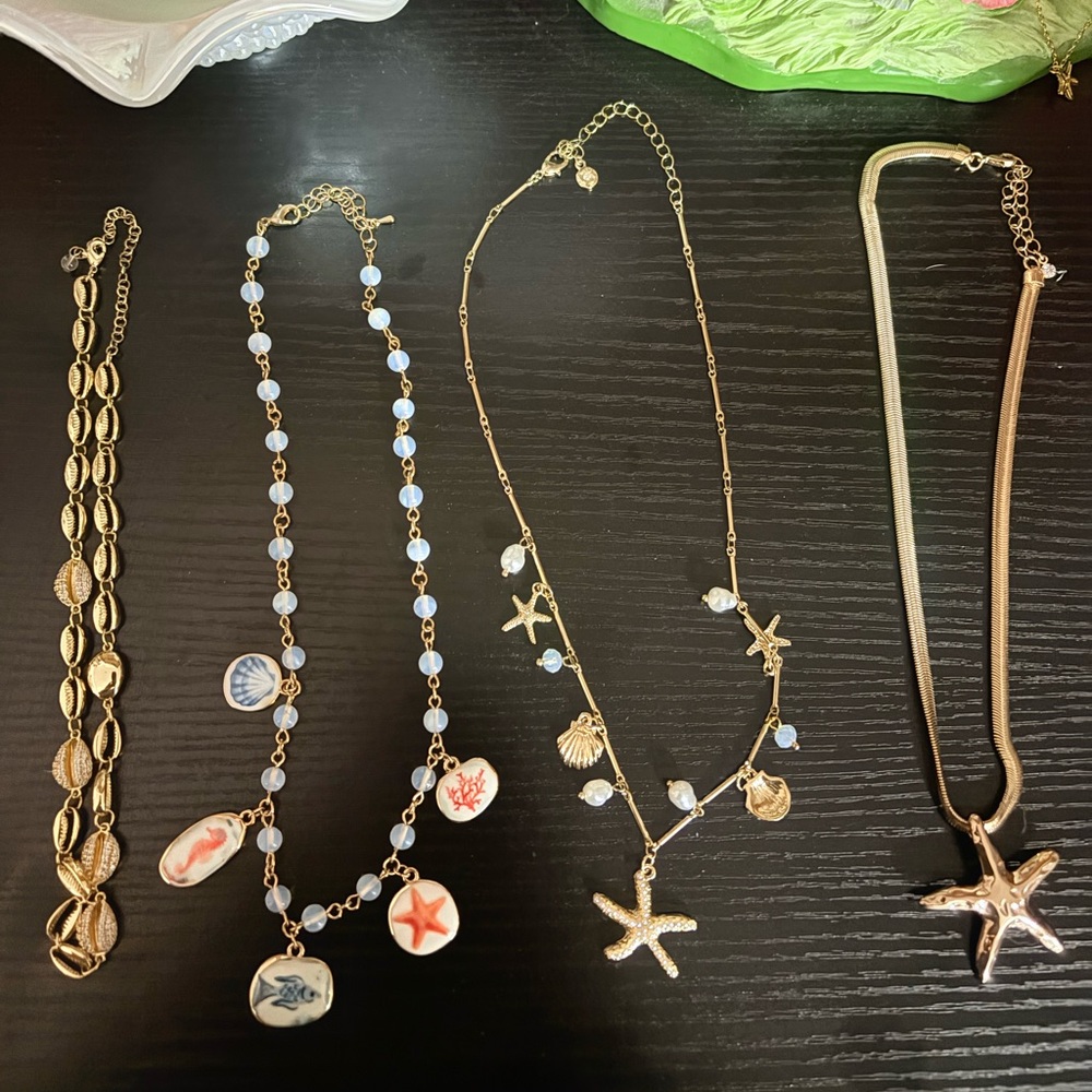 Bundle of Gold and Blue Seashell Charm Necklaces